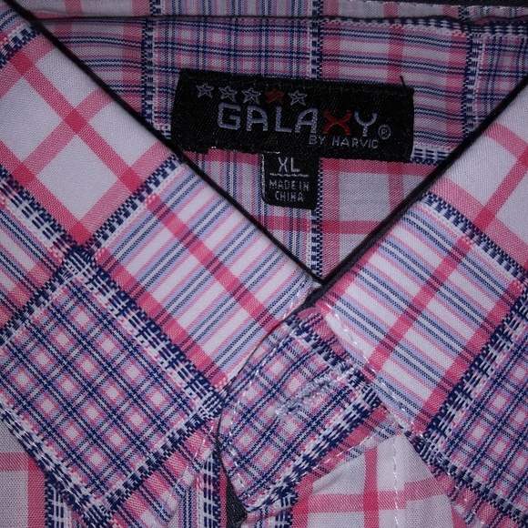 Galaxy by Harvic Pink,White, Blue Slim Fit Plaid Button Down Short Sleeve Shirt - Picture 5 of 12